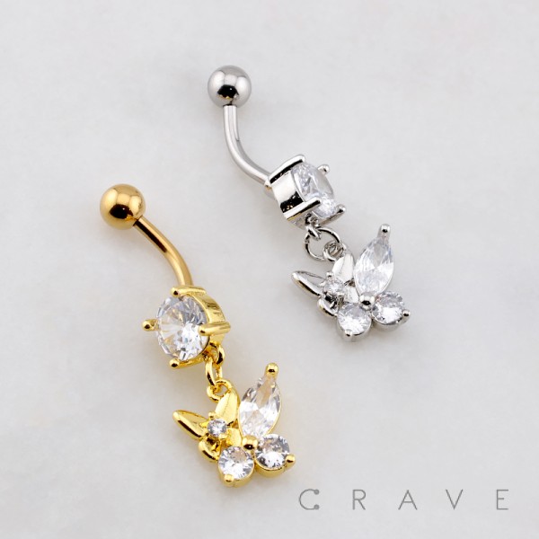 DOUBLE BUTTERFLY MULTI CZ BELLY BUTTON NAVEL RING 316L SURGICAL STEEL